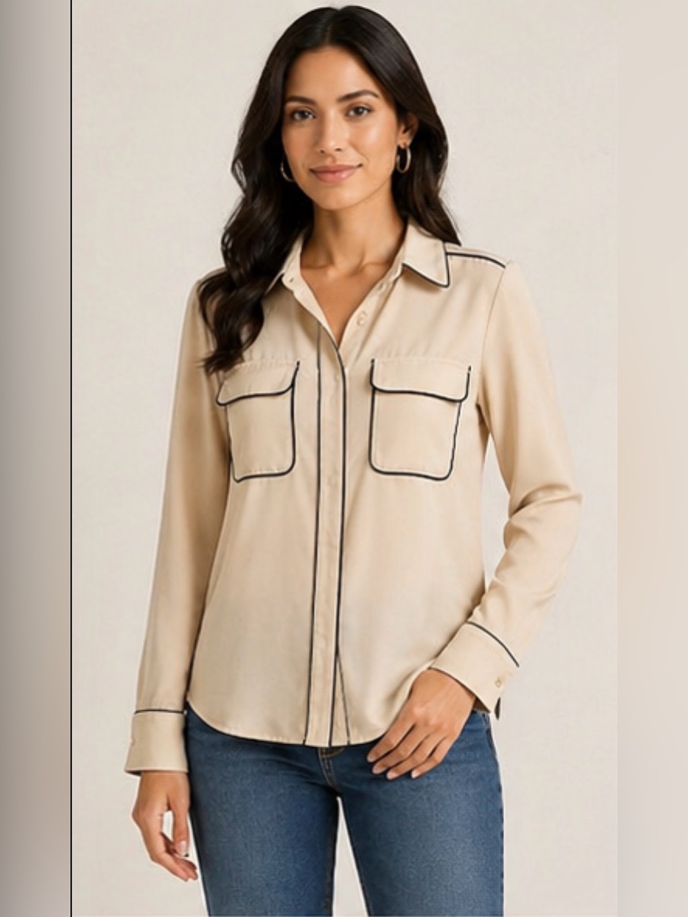 Chic Beige Button-Down Blouse – Black Trim Detail, Long Sleeve